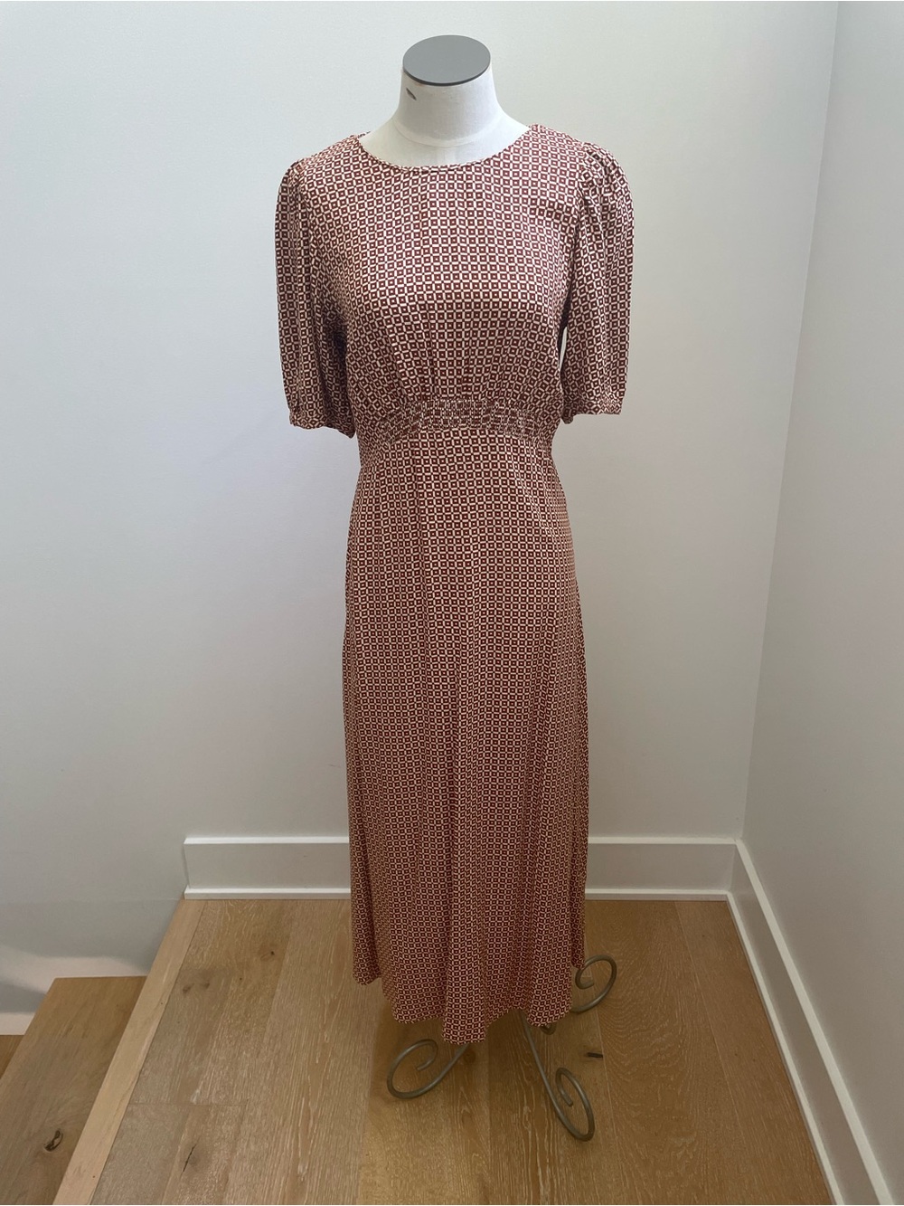 Women's Rust Printed Midi Dress with Elastic Waist